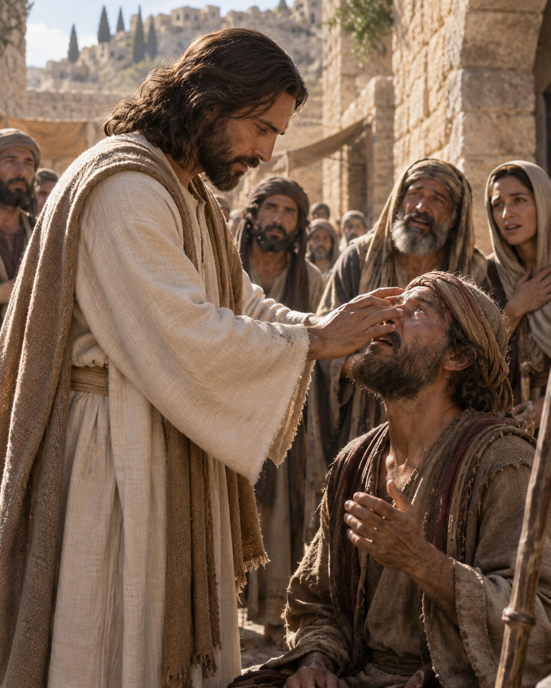 Jesus impondo as mãos sobre os olhos de um homem ajoelhado, cercado por uma multidão em uma rua antiga