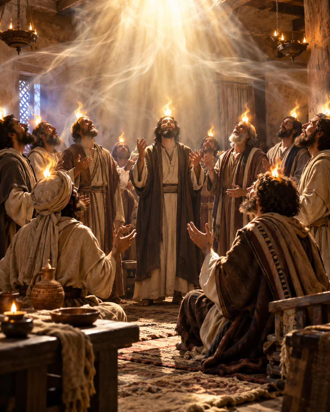 Os apóstolos reunidos no Cenáculo em Pentecostes, com línguas de fogo sobre suas cabeças e luz descendo do alto