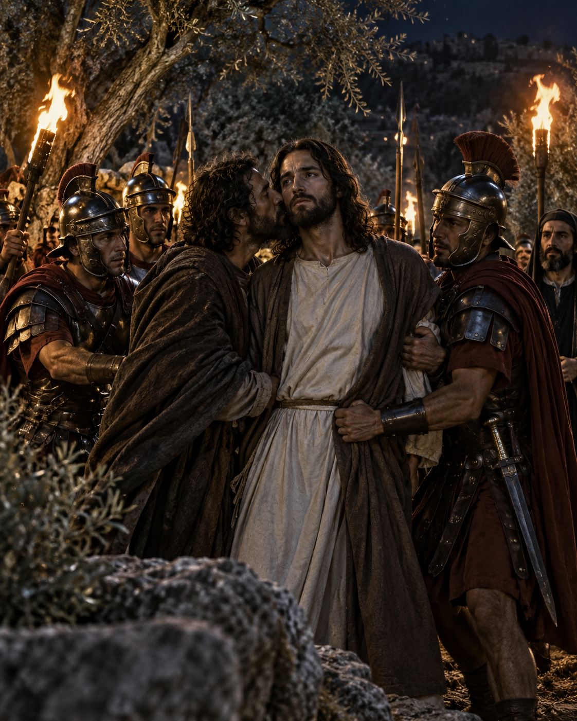 Jesus cercado por soldados romanos com tochas no jardim do Getsêmani, no momento da traição