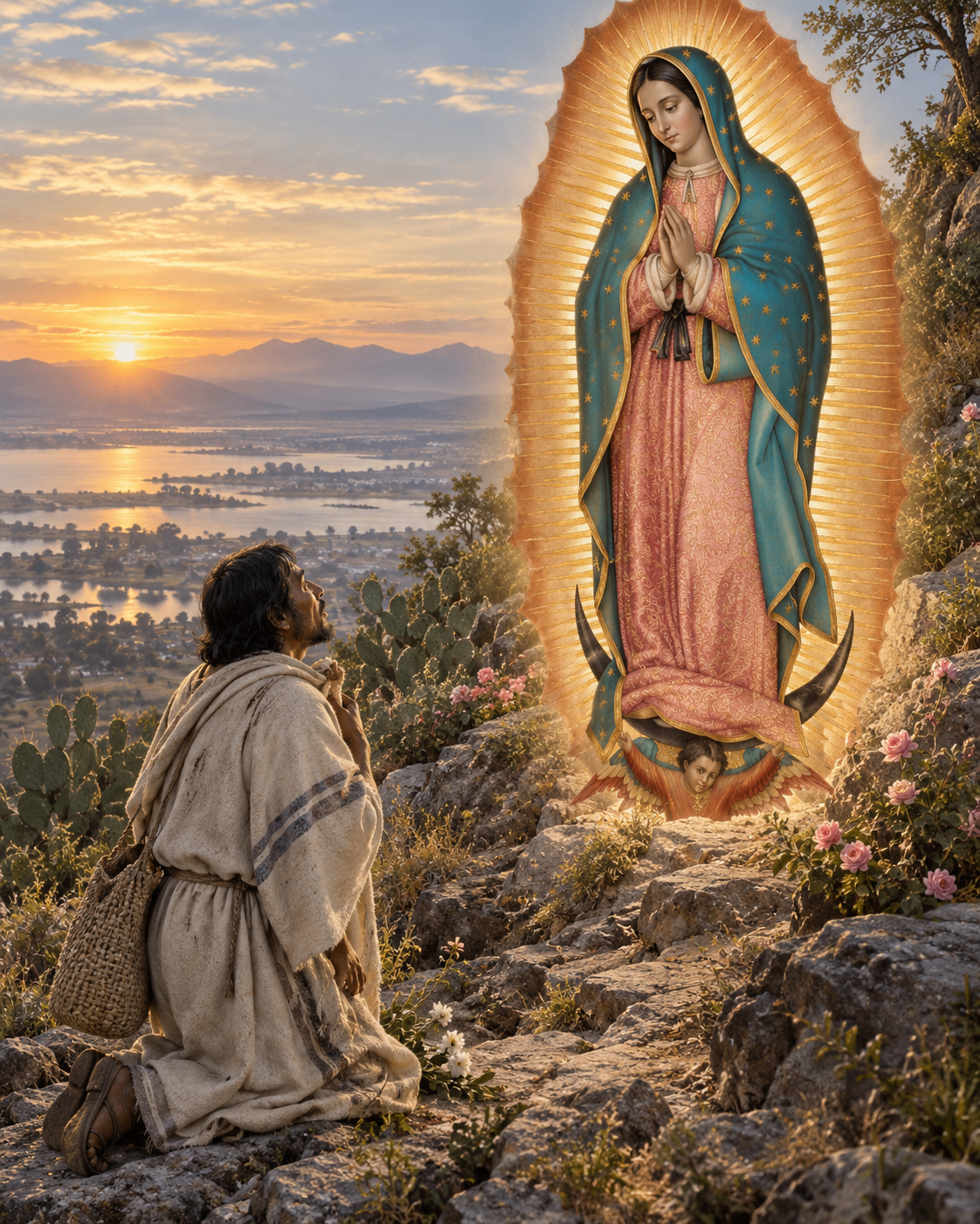 Tilma de Nossa Senhora de Guadalupe com detalhes das fibras, do manto e dos olhos da imagem