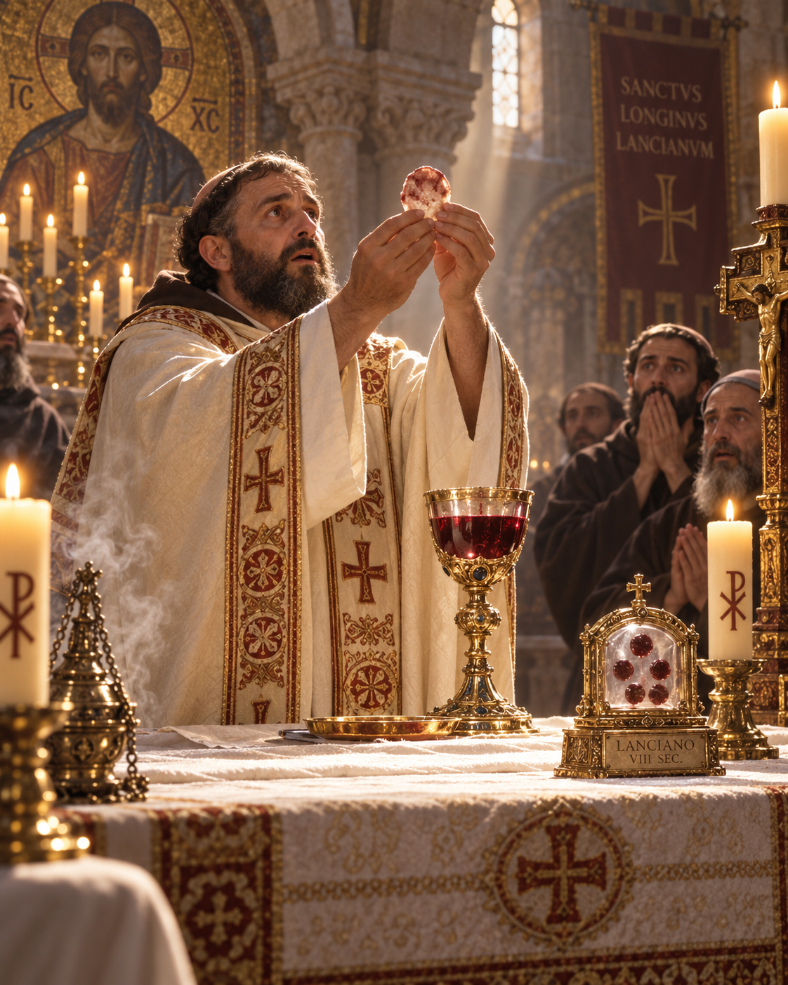 Sacerdote elevando a hóstia diante do altar, com cálice, relicário e fiéis ao redor em uma igreja antiga