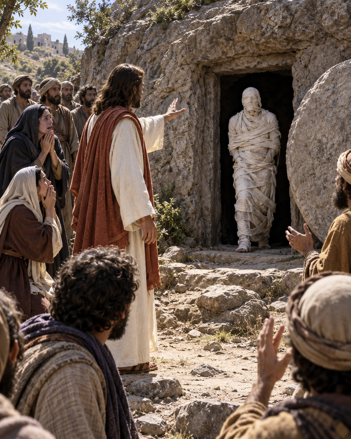 Jesus diante do túmulo aberto, com a pedra removida ao lado, enquanto Lázaro sai envolto em faixas