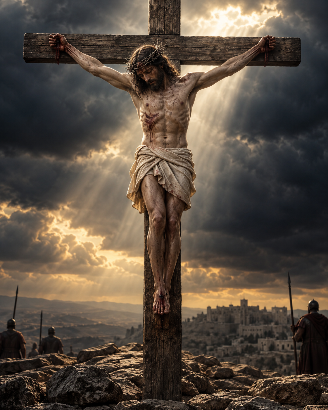 Cristo crucificado sobre o monte, sob um céu de nuvens escuras atravessado por raios de luz