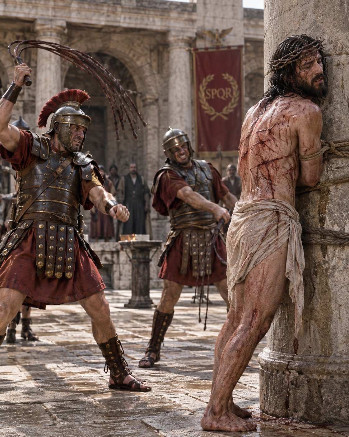 Jesus flagelado, amarrado a uma coluna, diante de soldados romanos no pátio do pretório