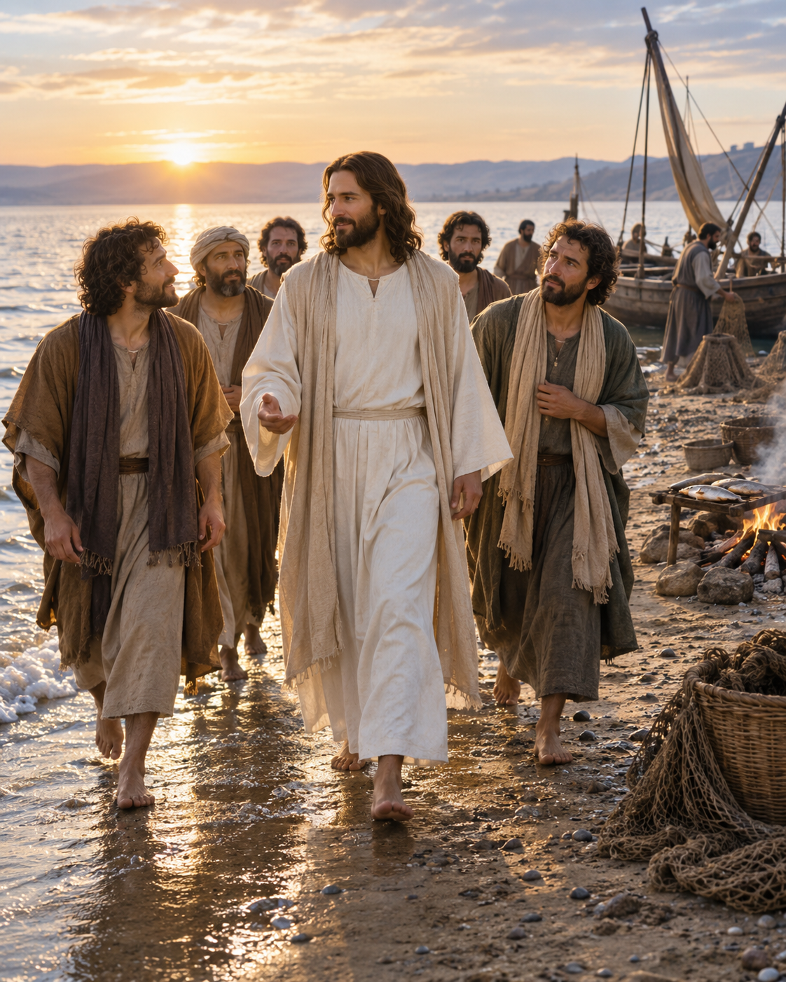 Jesus caminhando com discípulos ao amanhecer à beira do mar da Galileia