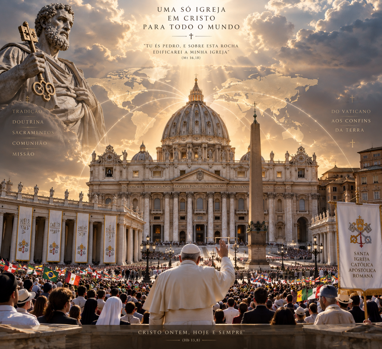 Basílica de São Pedro no Vaticano ao pôr do sol, com a estátua de São Pedro e uma multidão de fiéis de várias nações