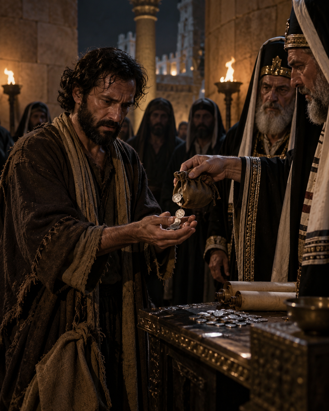 Judas recebendo as trinta moedas de prata das mãos dos sacerdotes, à luz de tochas, no Templo